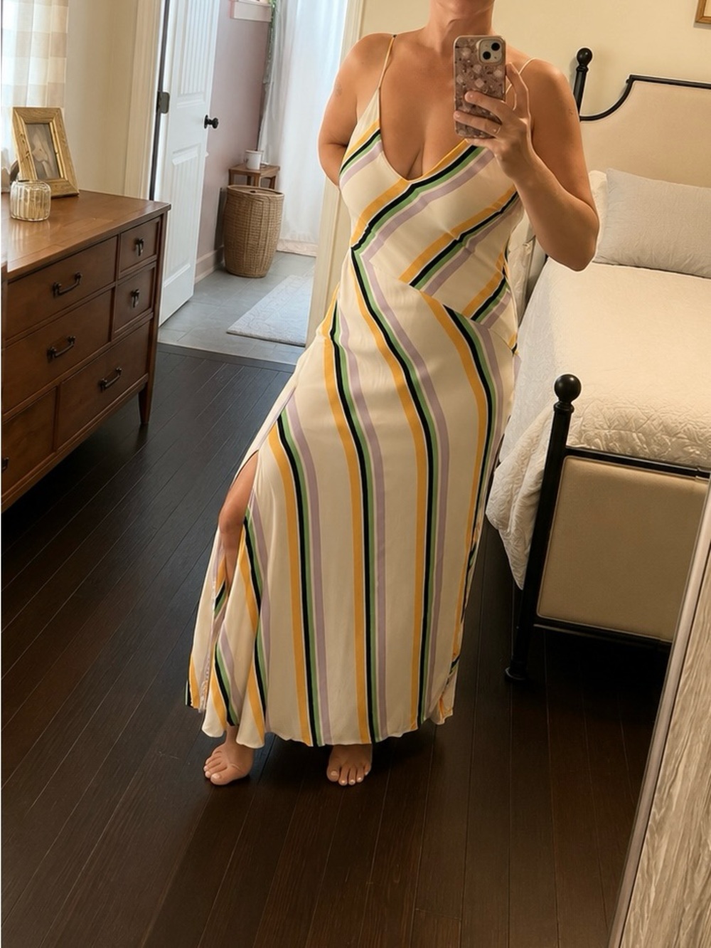 Astr Striped V‑Neck Maxi Slip Dress in gray, orange, Green and Purple